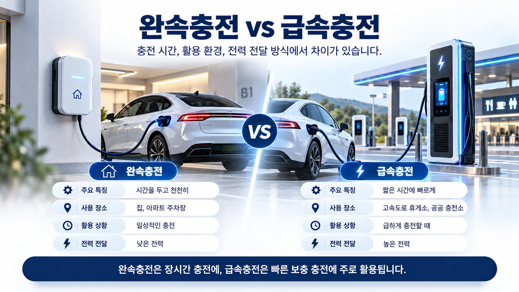 완속충전 vs 급속충전 상세 비교 다이어그램