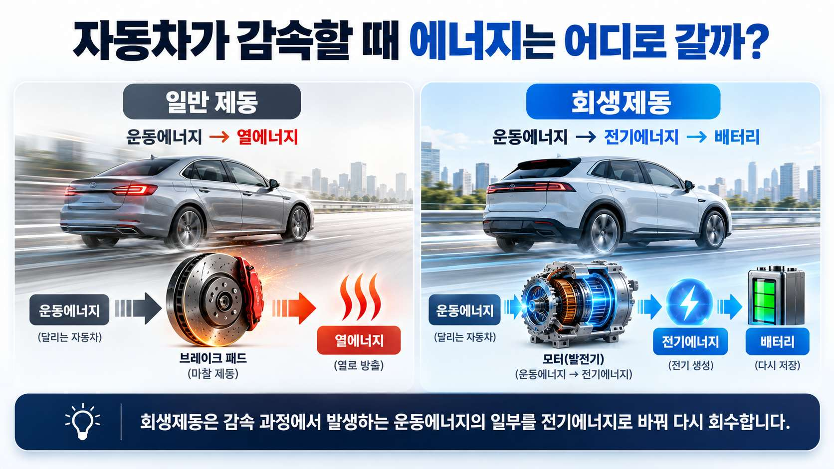자동차가 감속할 때 에너지는 어디로 갈까? 일반 제동과 회생제동 비교
