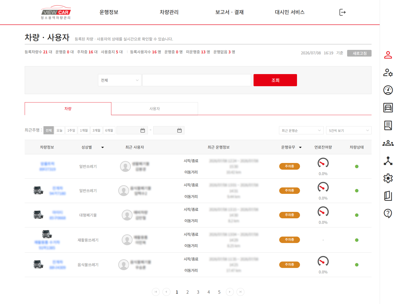 차량·사용자 실시간 현황 화면